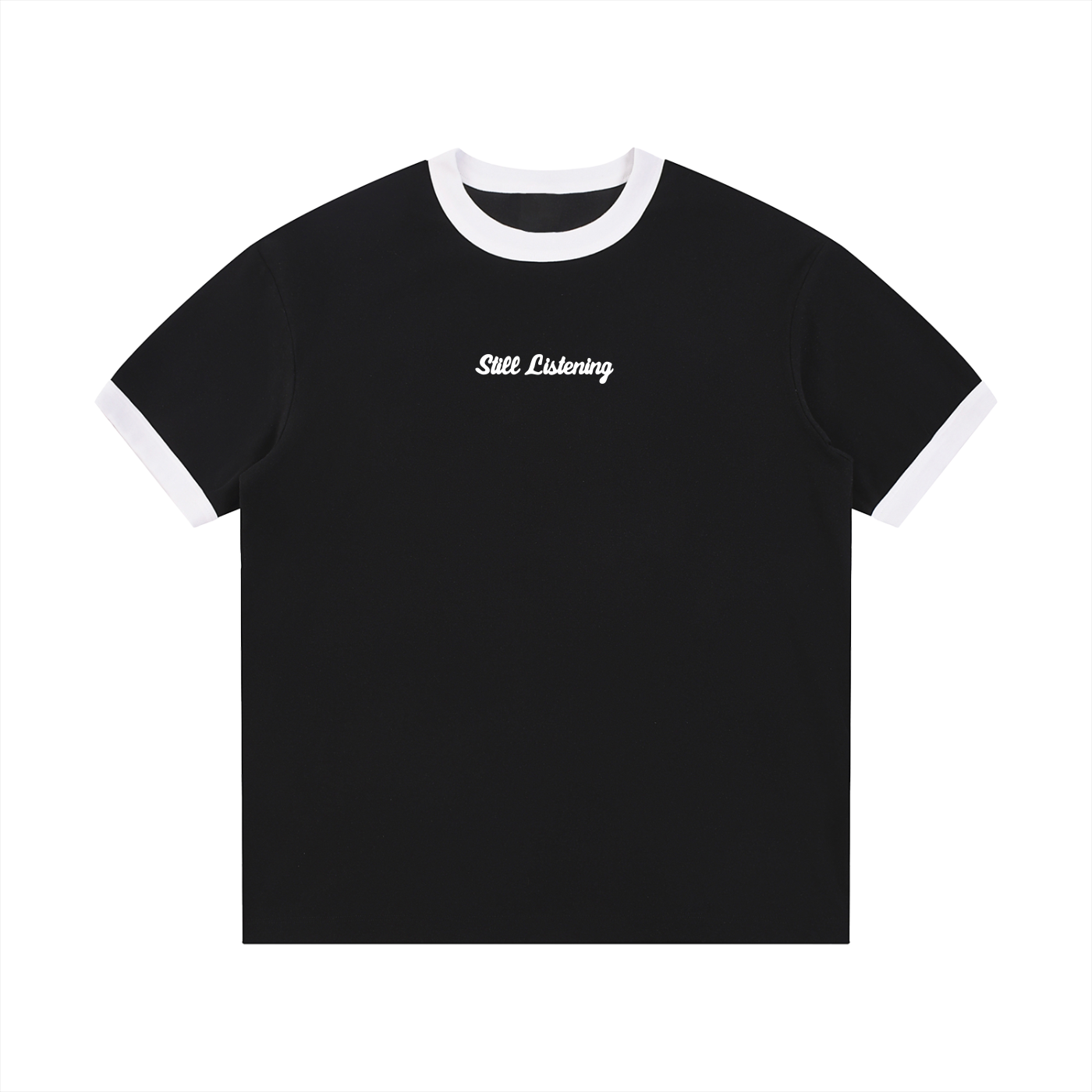 White-On-Black Ringer Still Listening T-Shirt